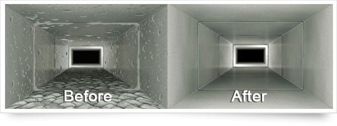 Before and after comparison of air ducts, showcasing accumulated dust and debris on the left and a clean, clear duct on the right, emphasizing the benefits of duct cleaning for improved indoor air quality.